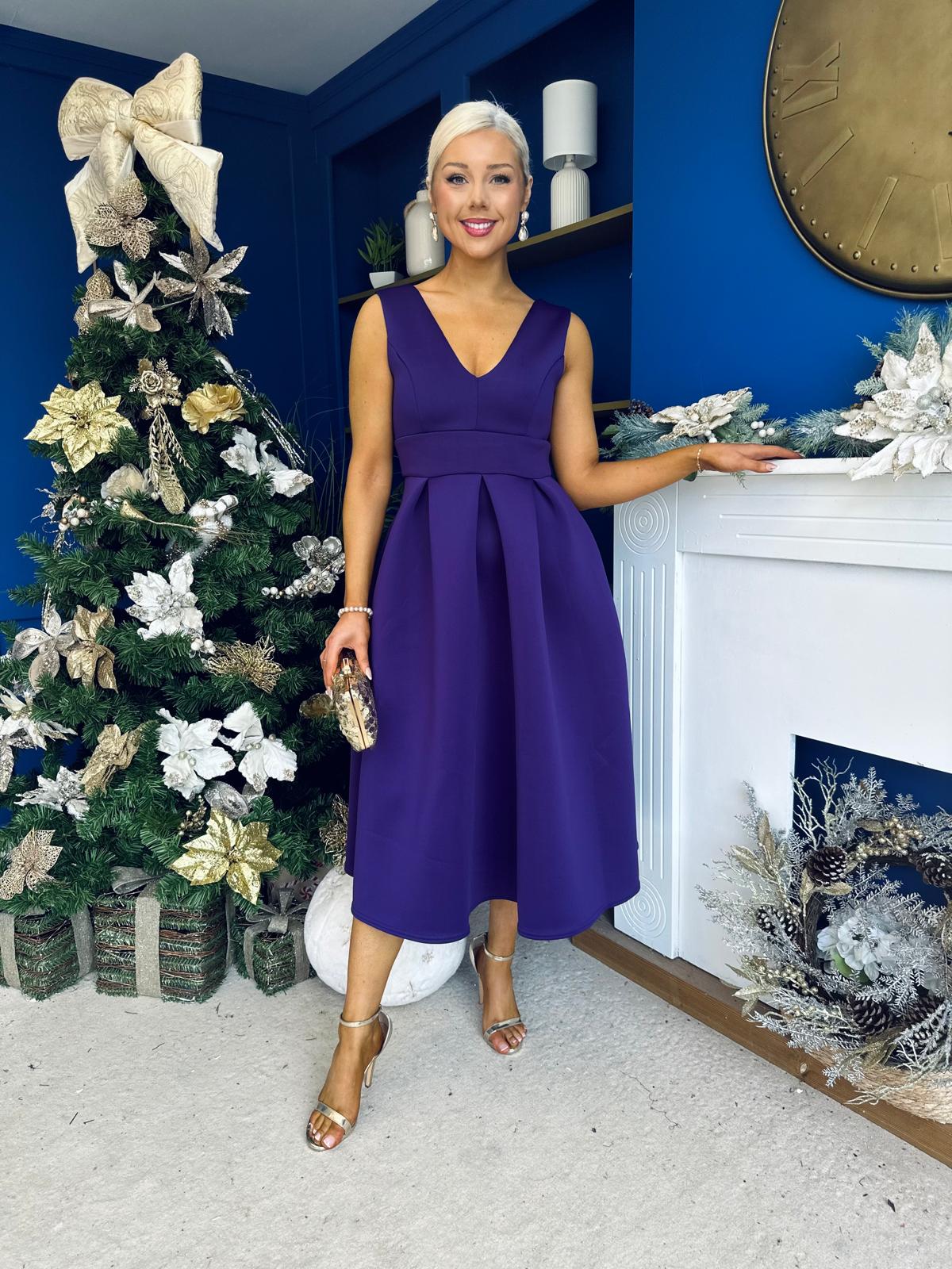 Bethany V Neck Skater Midi Dress Purple