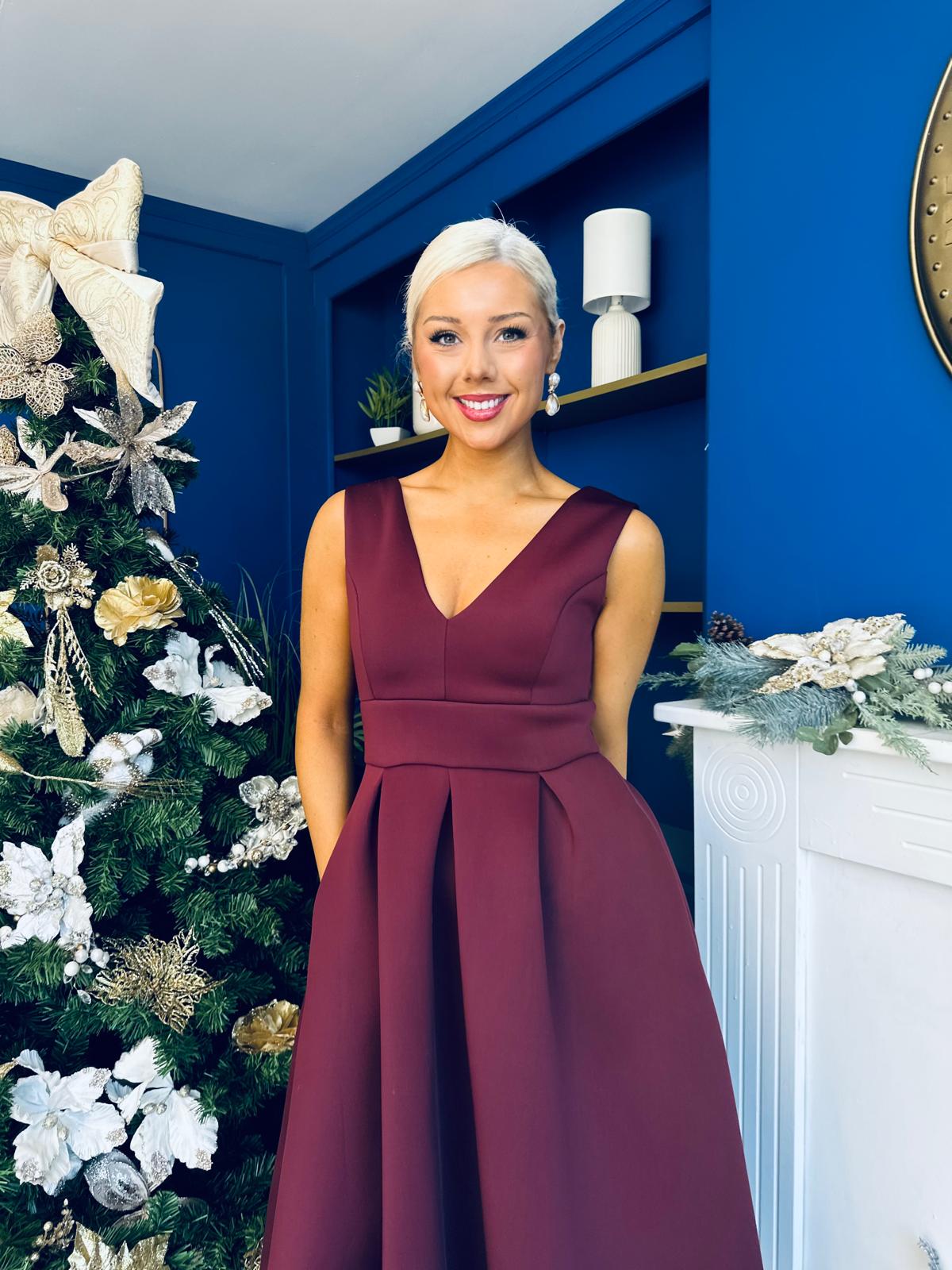 Bethany V Neck Skater Midi Dress Burgundy