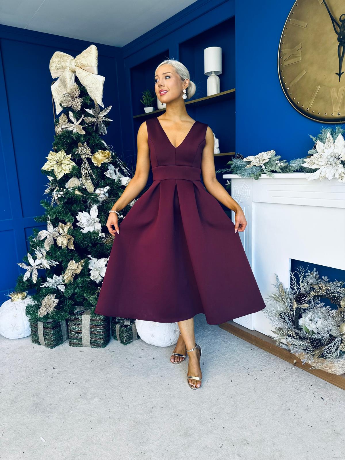 Bethany V Neck Skater Midi Dress Burgundy