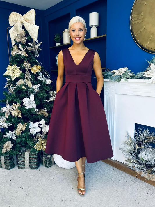 Bethany V Neck Skater Midi Dress Burgundy