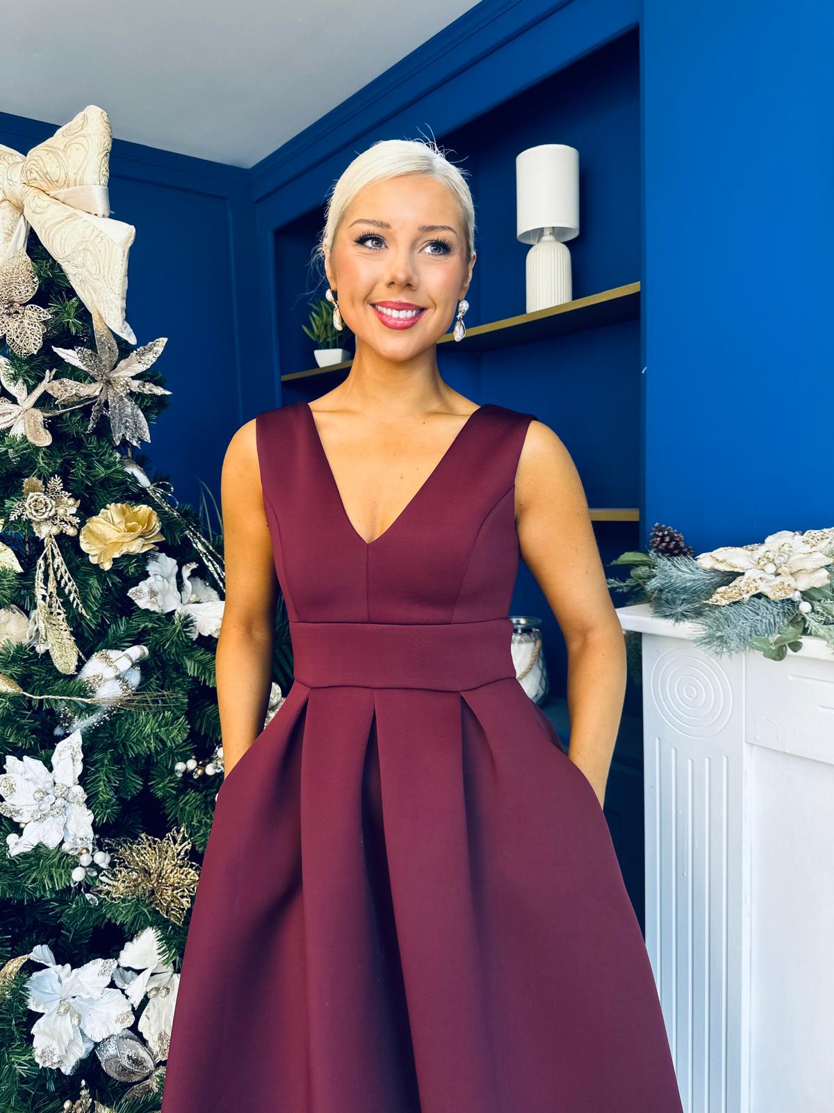 Bethany V Neck Skater Midi Dress Burgundy