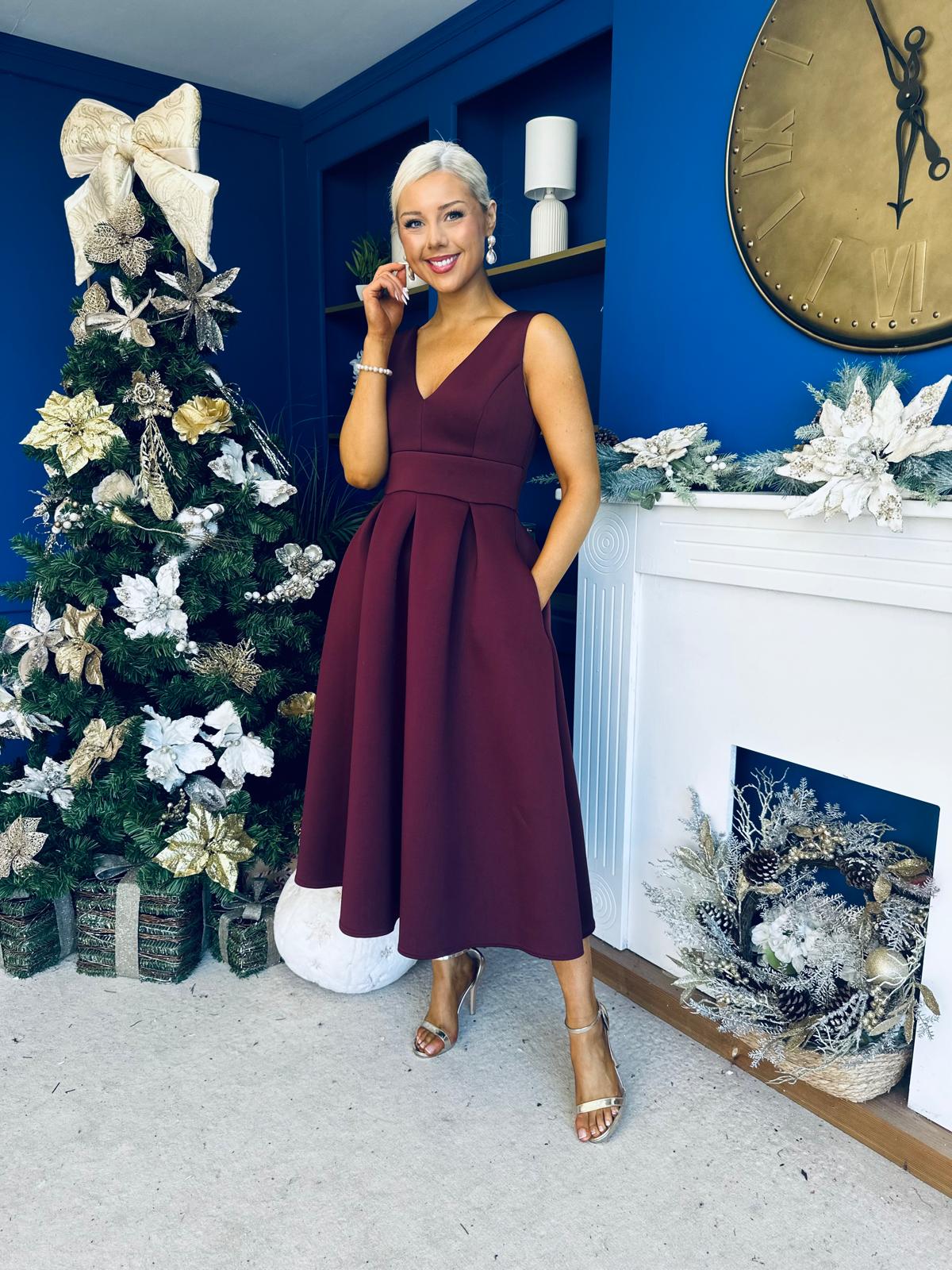 Bethany V Neck Skater Midi Dress Burgundy