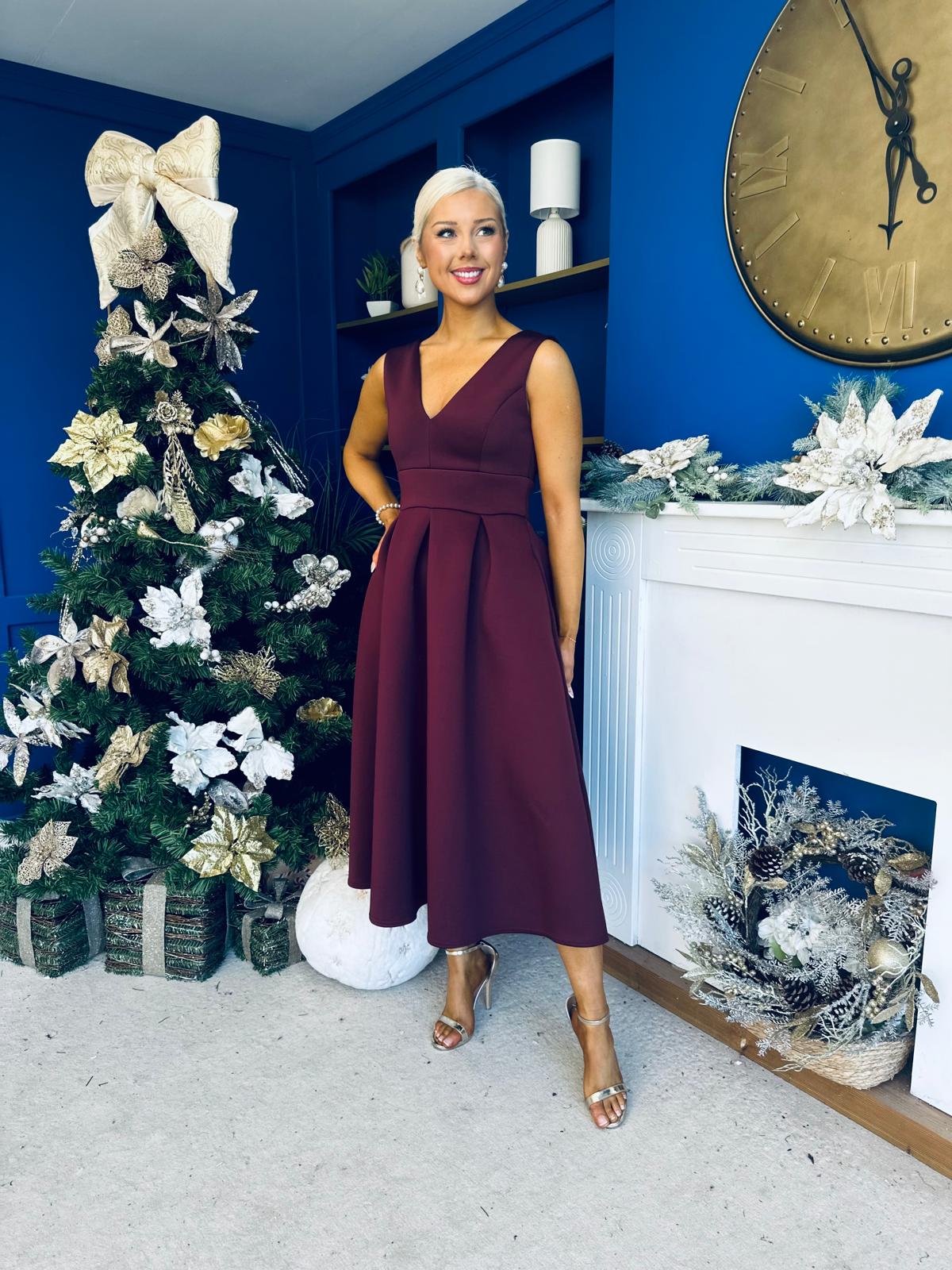 Bethany V Neck Skater Midi Dress Burgundy