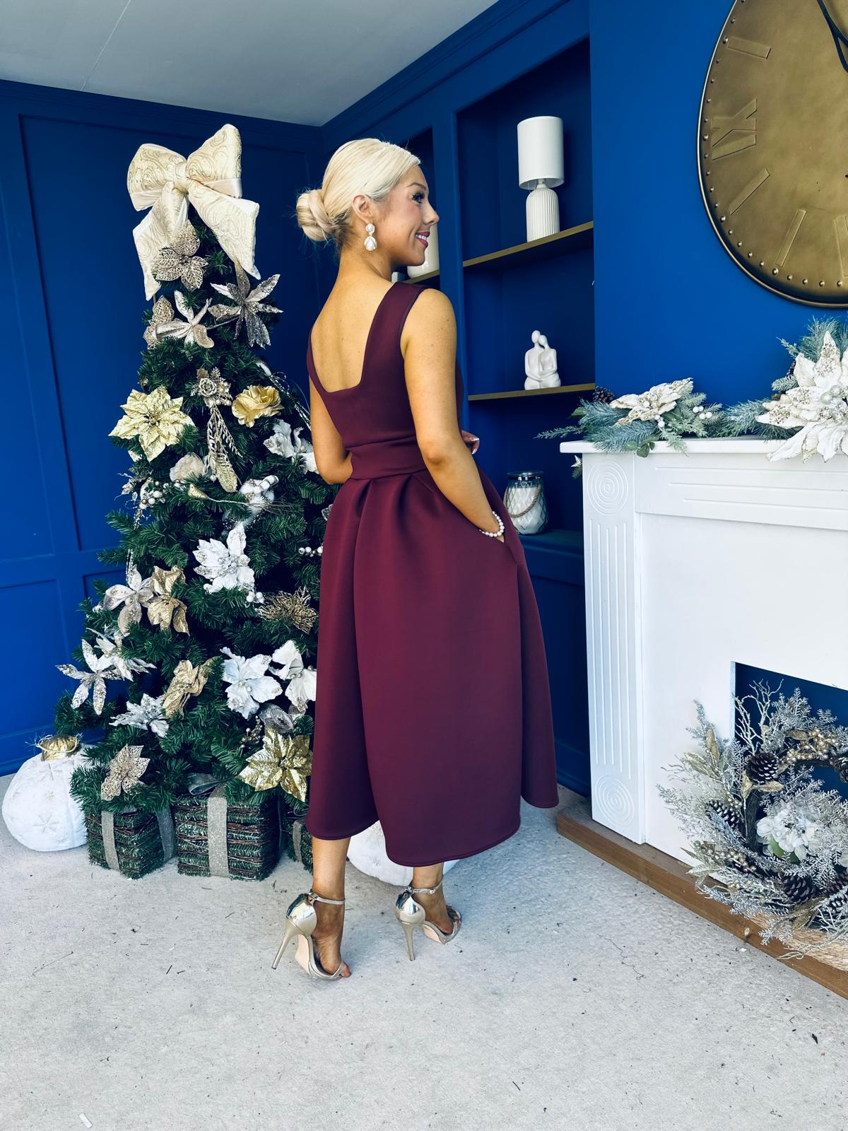 Bethany V Neck Skater Midi Dress Burgundy