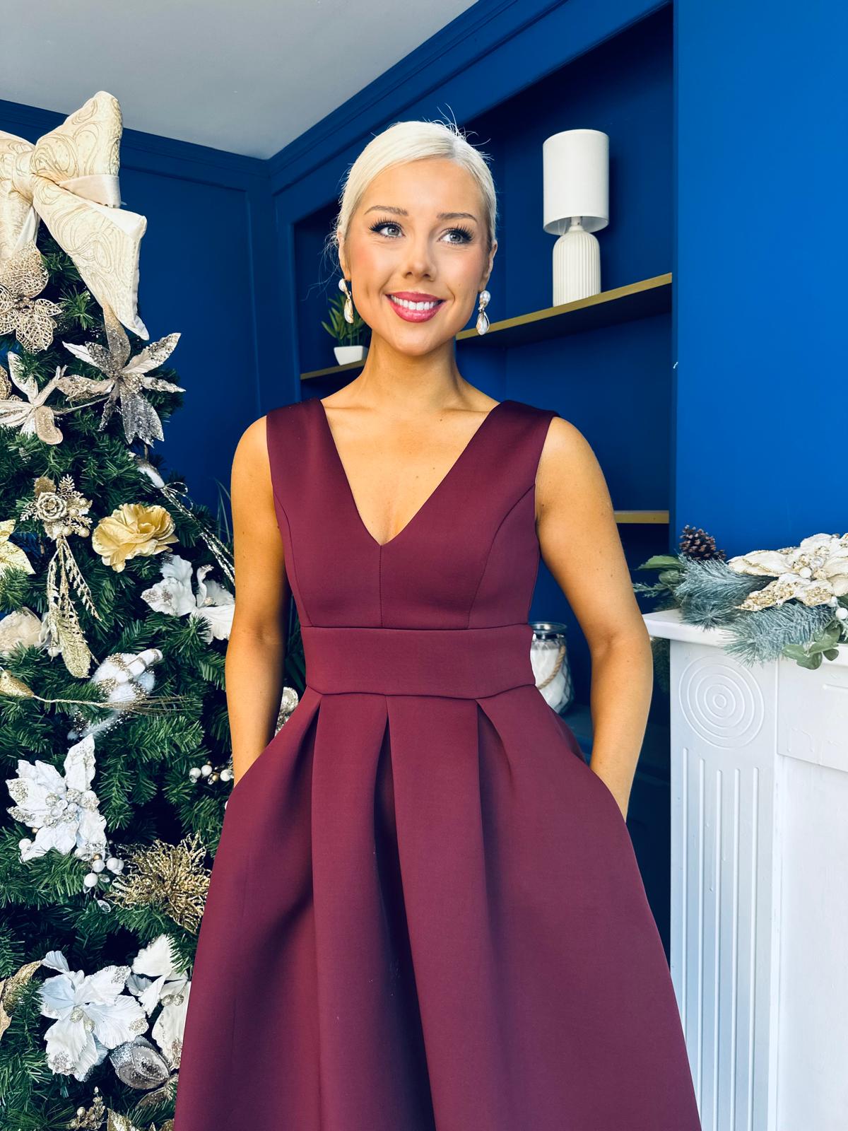 Bethany V Neck Skater Midi Dress Burgundy