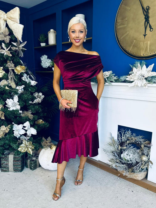 Felicity Asymmetric Frill Midi Dress Wine