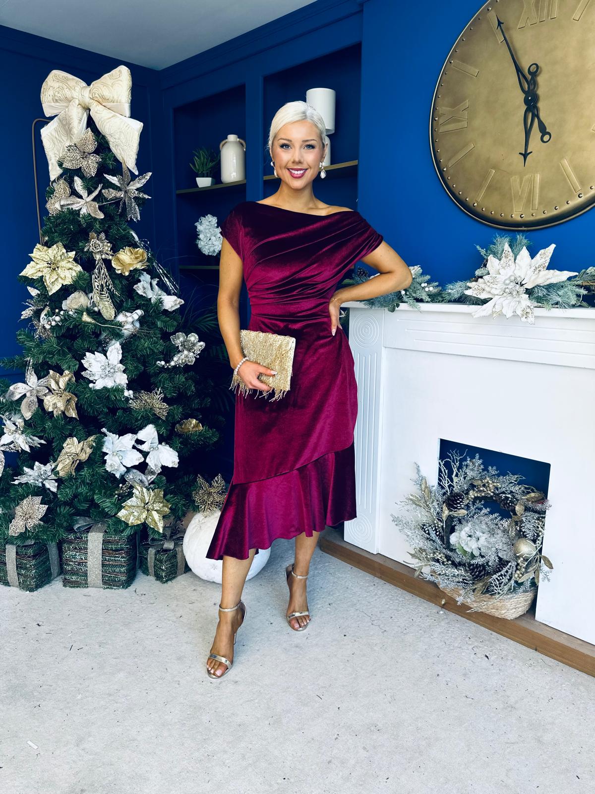 Felicity Asymmetric Frill Midi Dress Wine