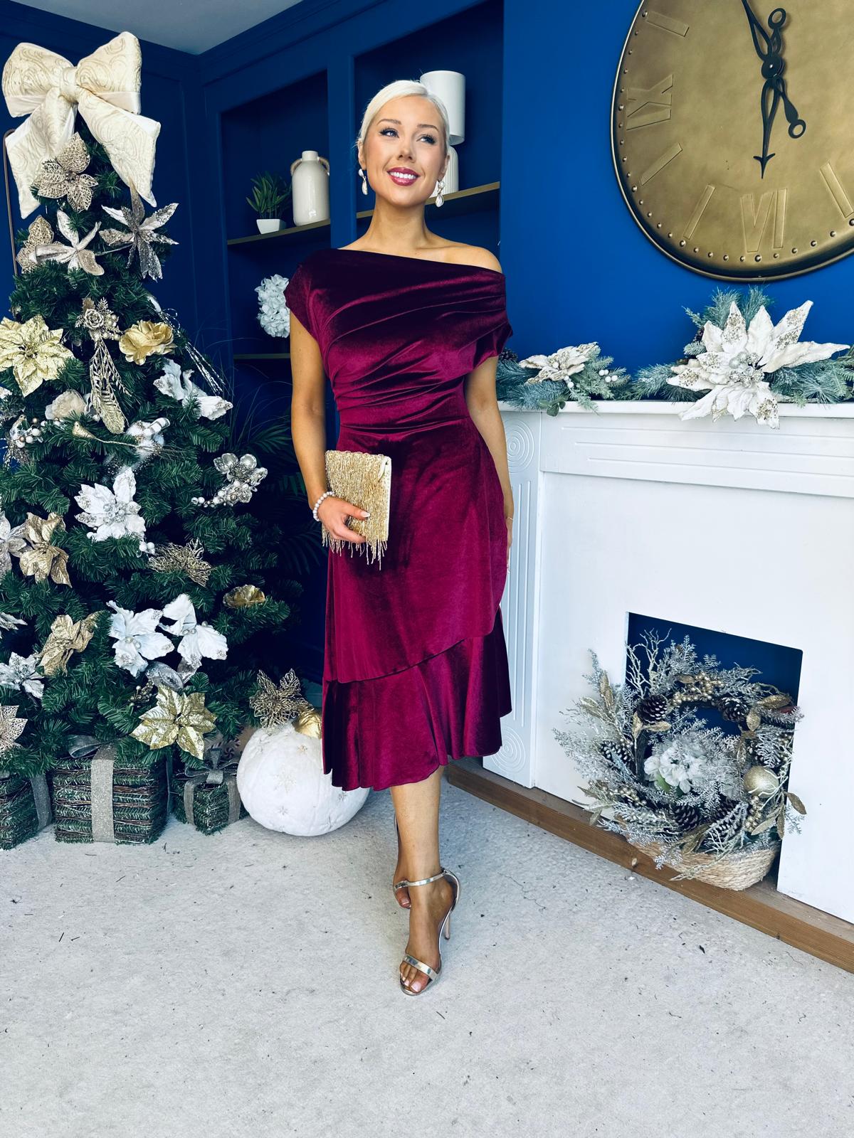 Felicity Asymmetric Frill Midi Dress Wine