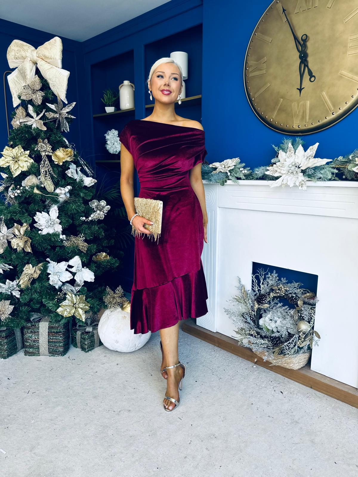 Felicity Asymmetric Frill Midi Dress Wine