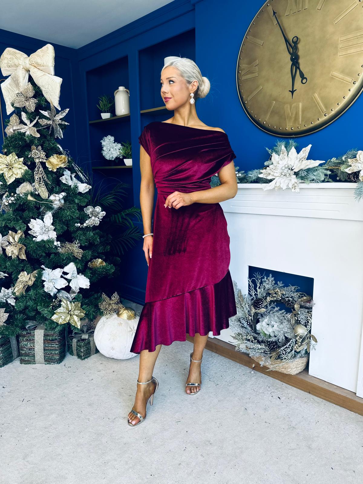 Felicity Asymmetric Frill Midi Dress Wine