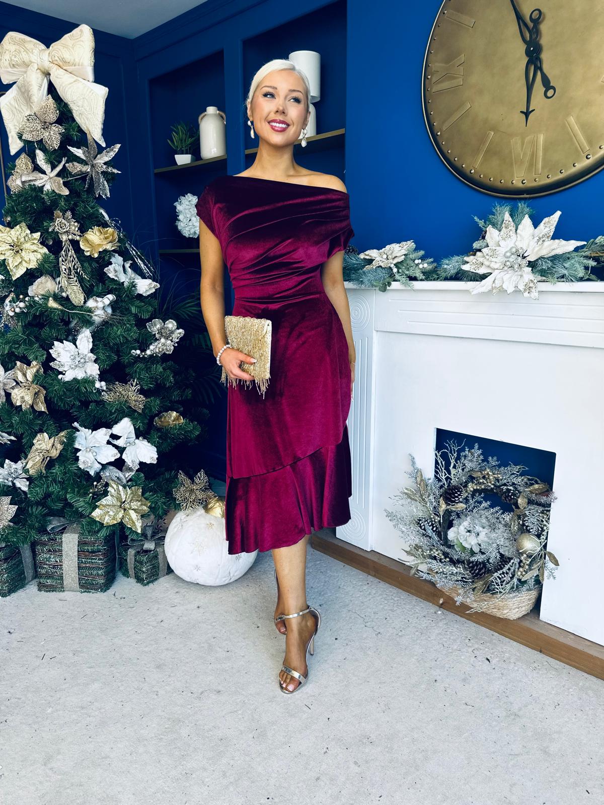 Felicity Asymmetric Frill Midi Dress Wine