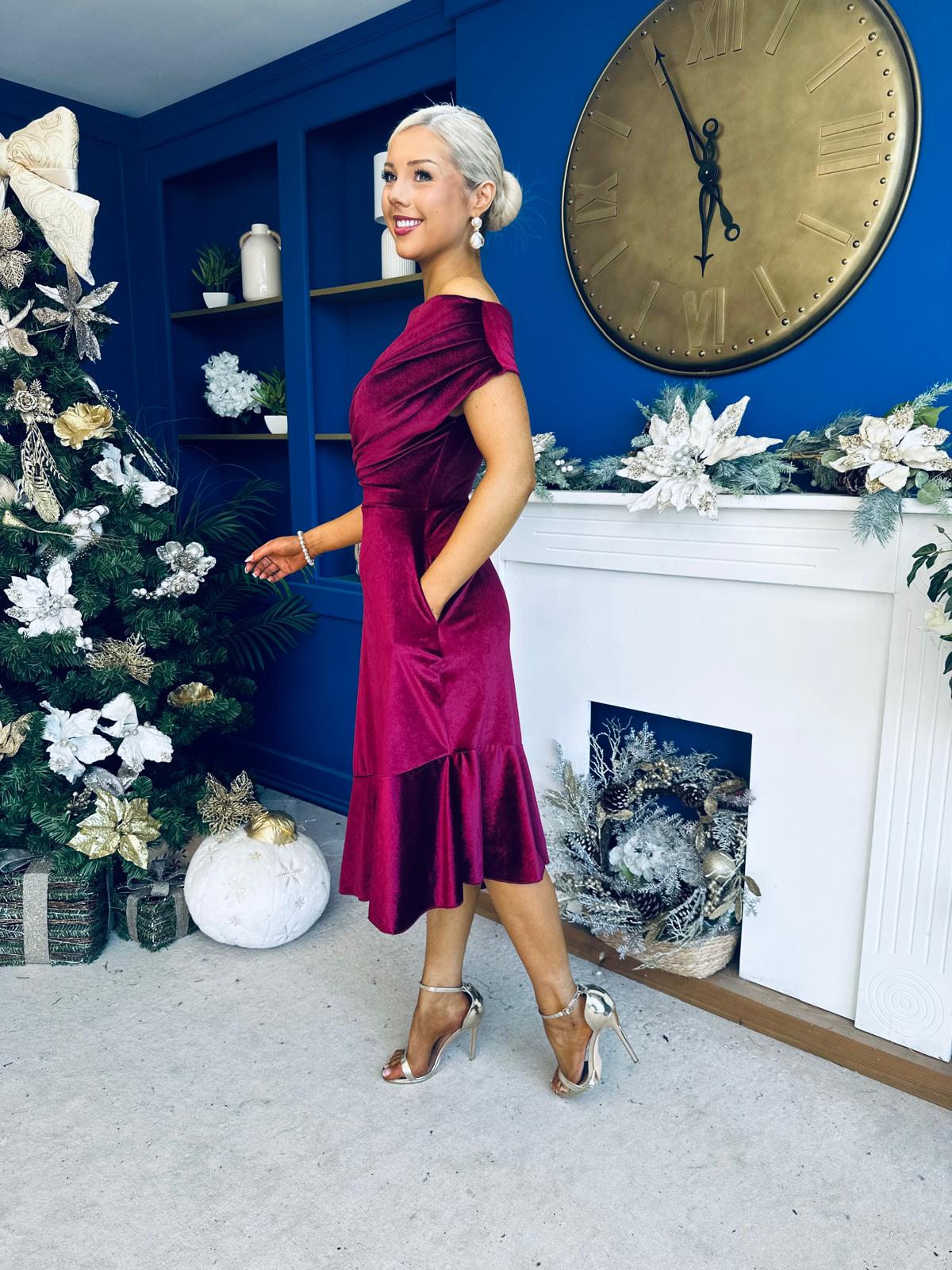 Felicity Asymmetric Frill Midi Dress Wine