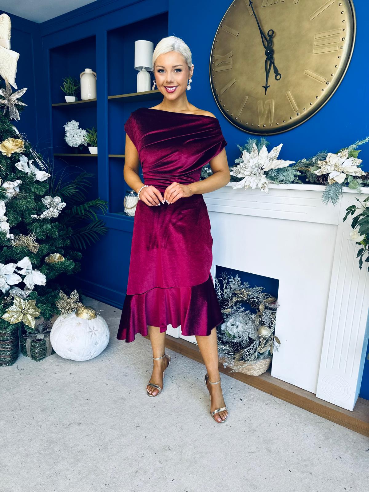 Felicity Asymmetric Frill Midi Dress Wine