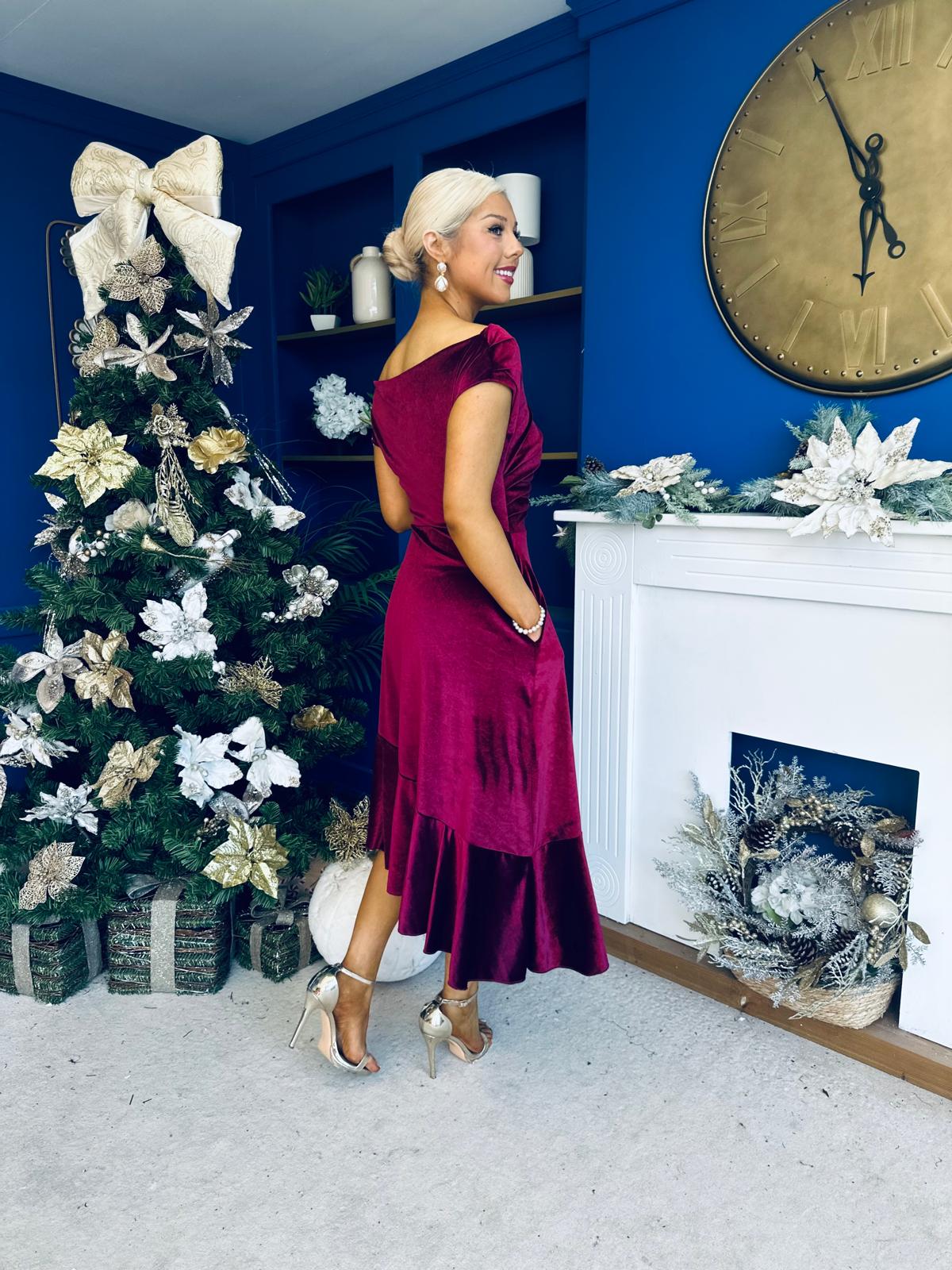 Felicity Asymmetric Frill Midi Dress Wine