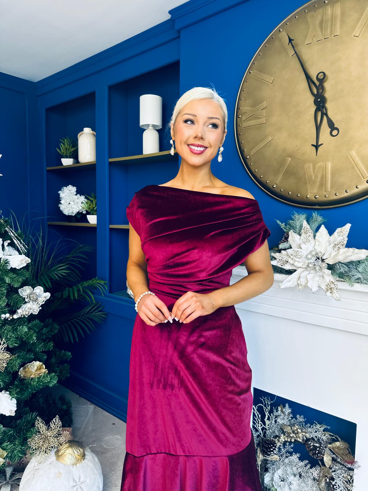 Felicity Asymmetric Frill Midi Dress Wine