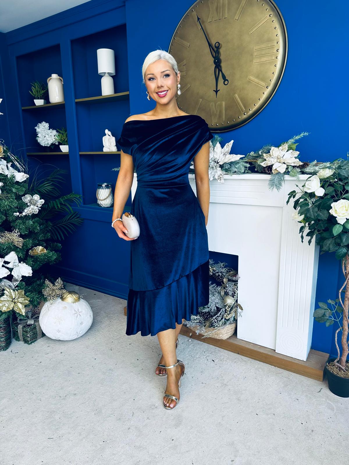Felicity Asymmetric Frill Midi Dress Navy
