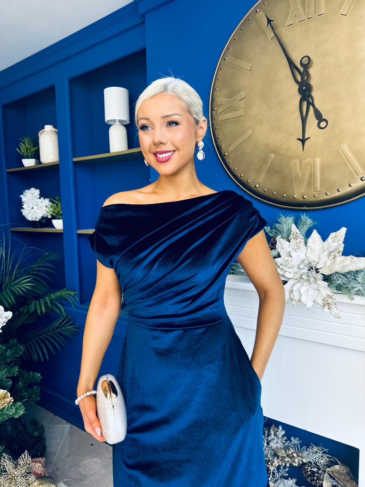 Felicity Asymmetric Frill Midi Dress Navy
