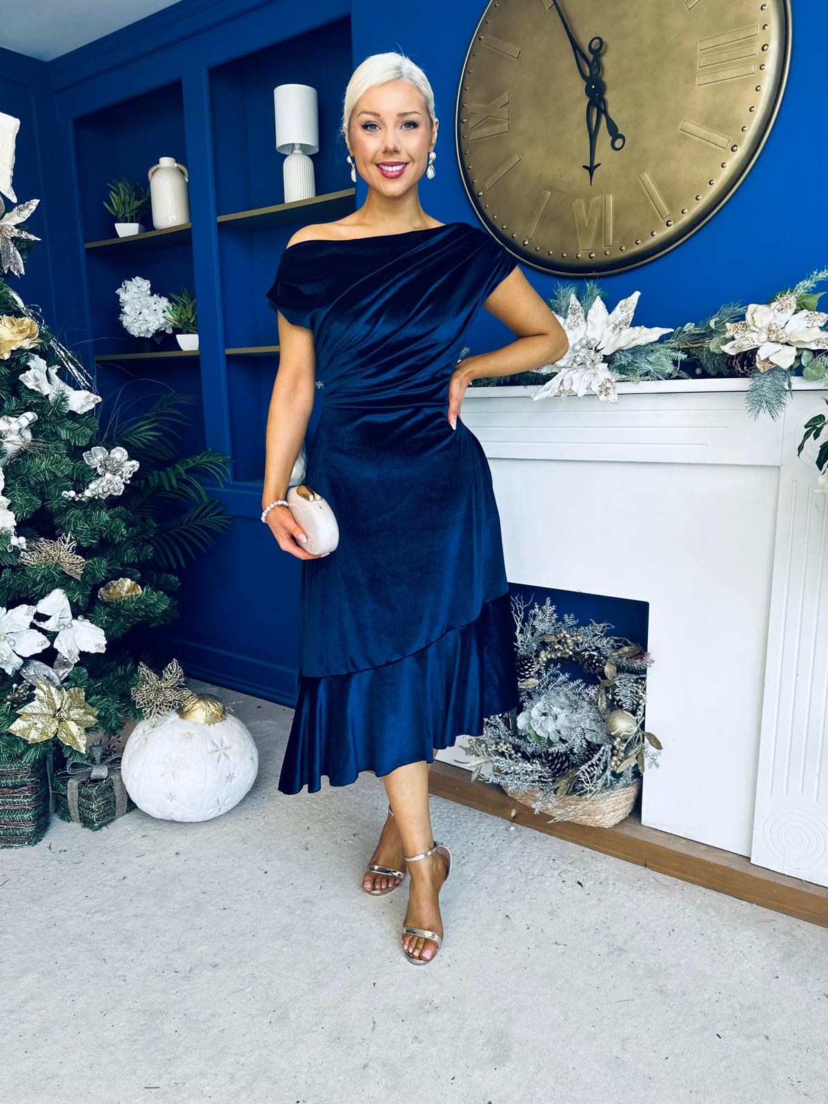 Felicity Asymmetric Frill Midi Dress Navy