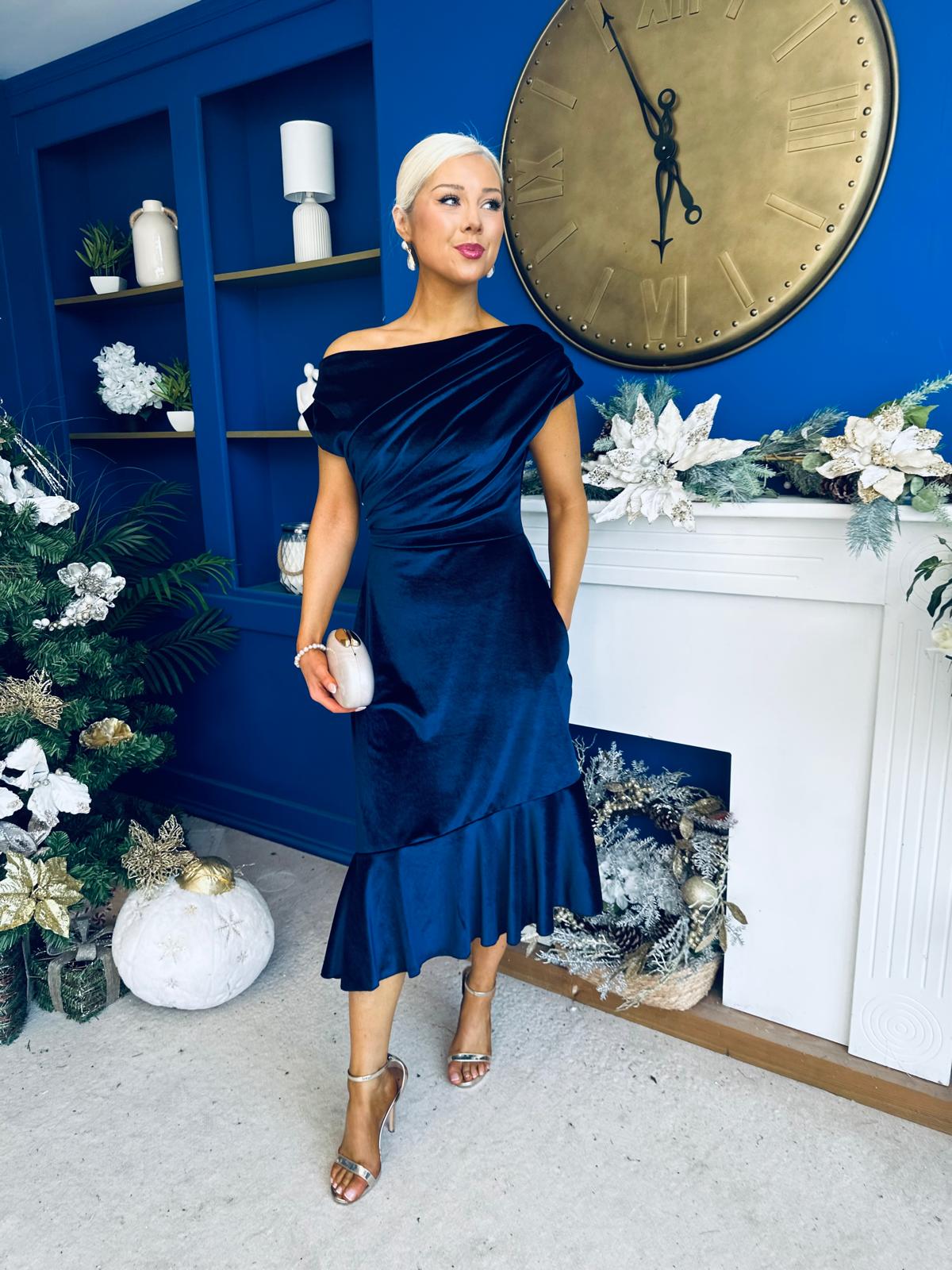 Felicity Asymmetric Frill Midi Dress Navy