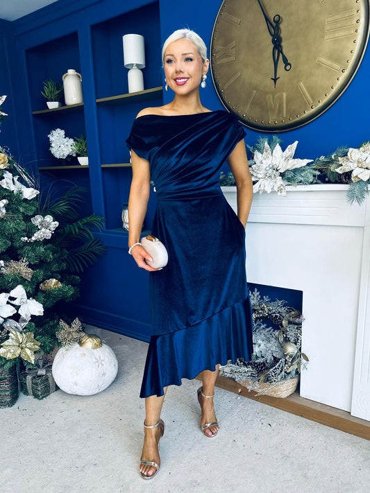 Felicity Asymmetric Frill Midi Dress Navy