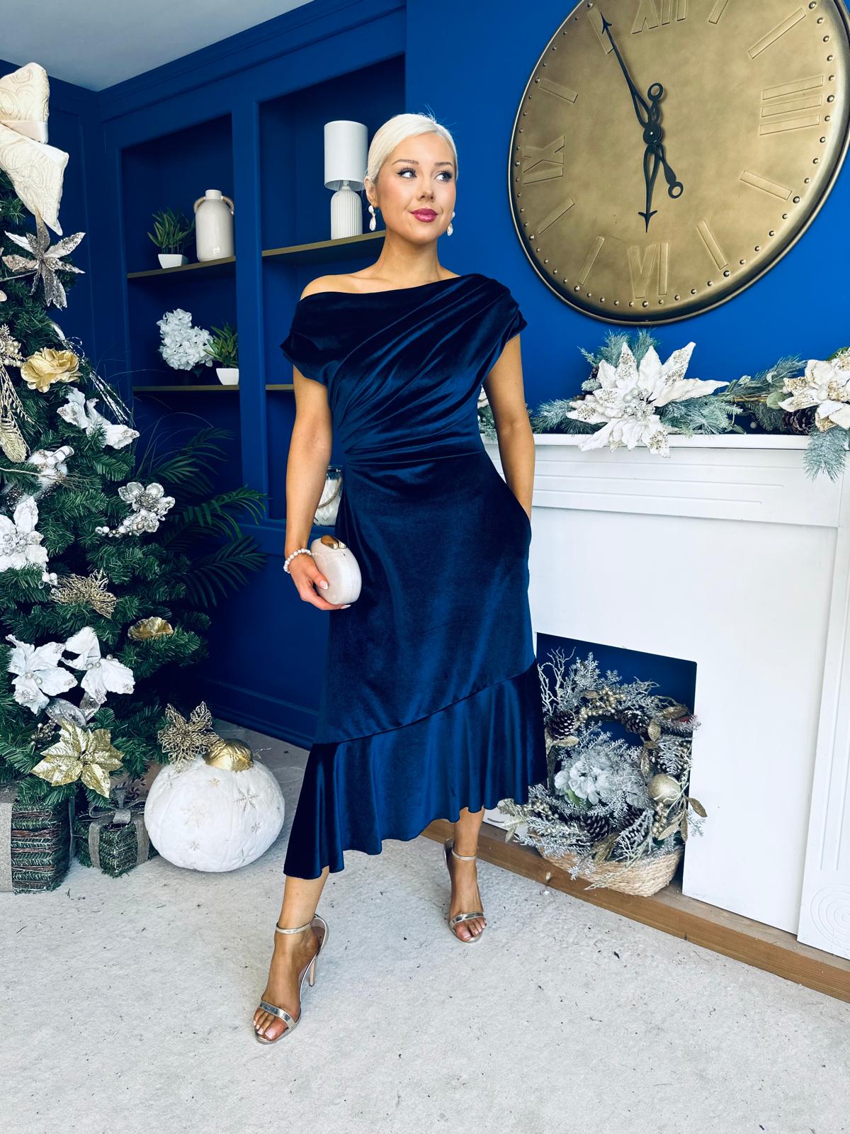 Felicity Asymmetric Frill Midi Dress Navy