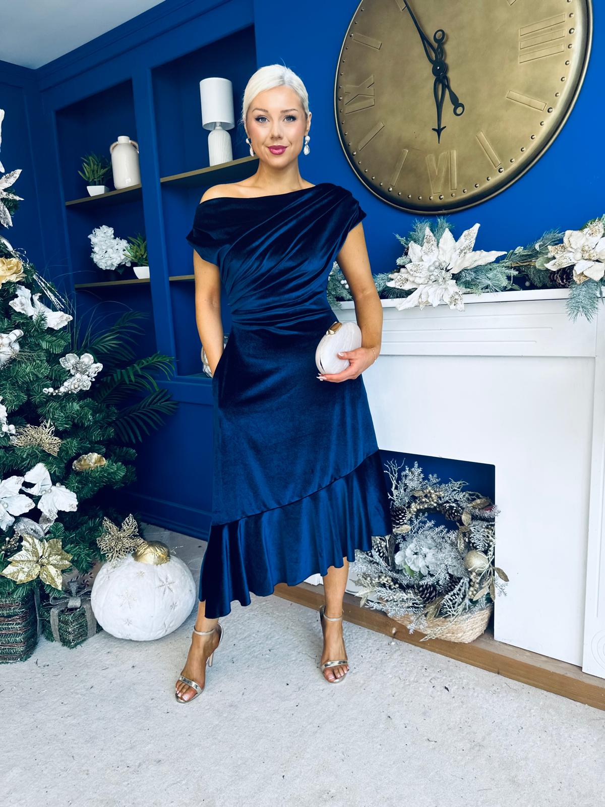 Felicity Asymmetric Frill Midi Dress Navy