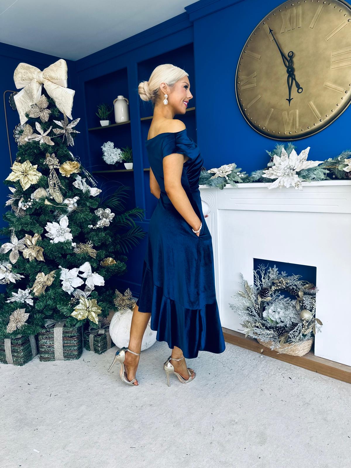 Felicity Asymmetric Frill Midi Dress Navy