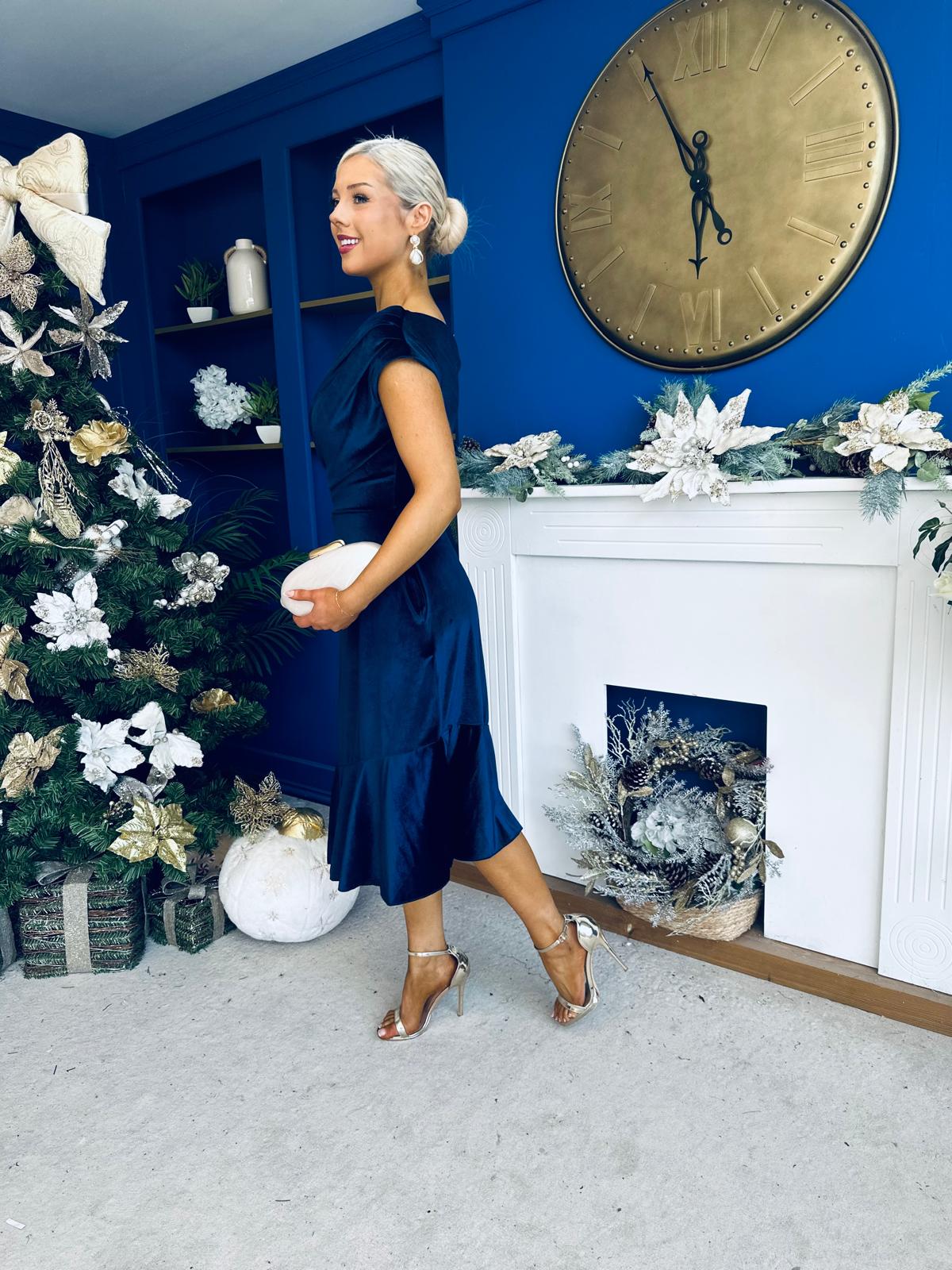Felicity Asymmetric Frill Midi Dress Navy