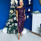Elsie Off Shoulder Sequin Midi Dress Wine