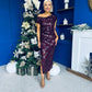 Elsie Off Shoulder Sequin Midi Dress Wine