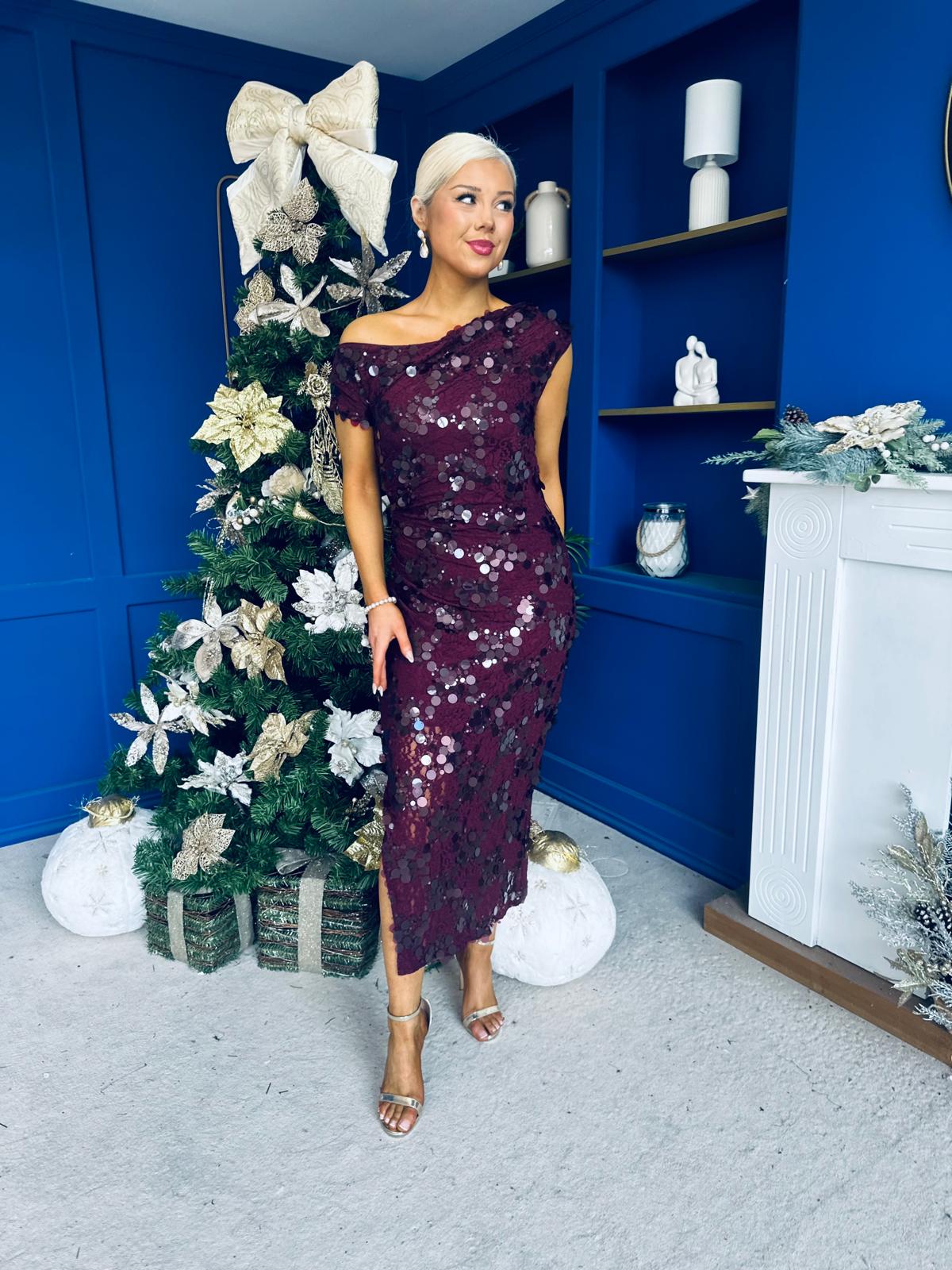 Elsie Off Shoulder Sequin Midi Dress Wine
