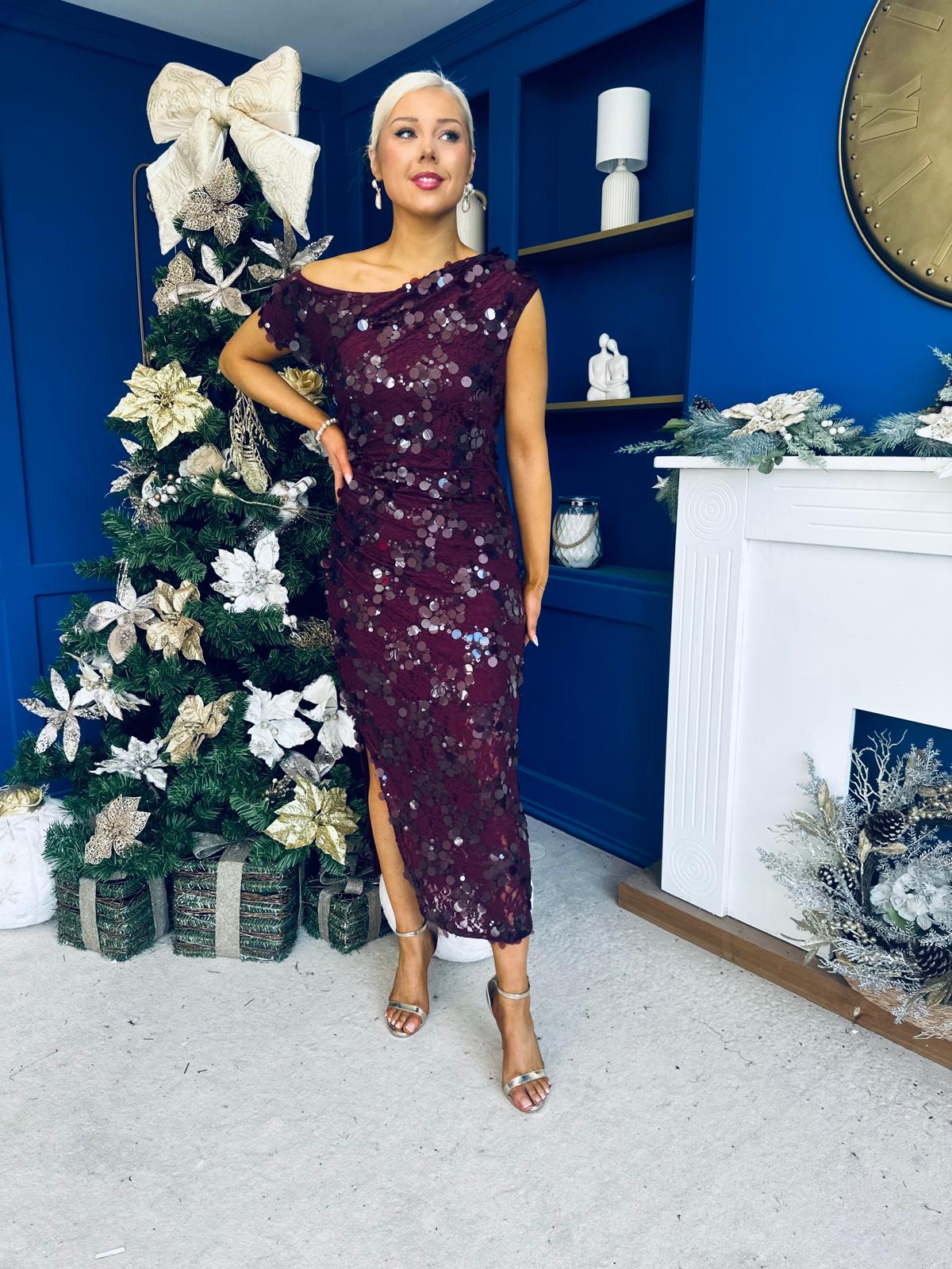 Elsie Off Shoulder Sequin Midi Dress Wine