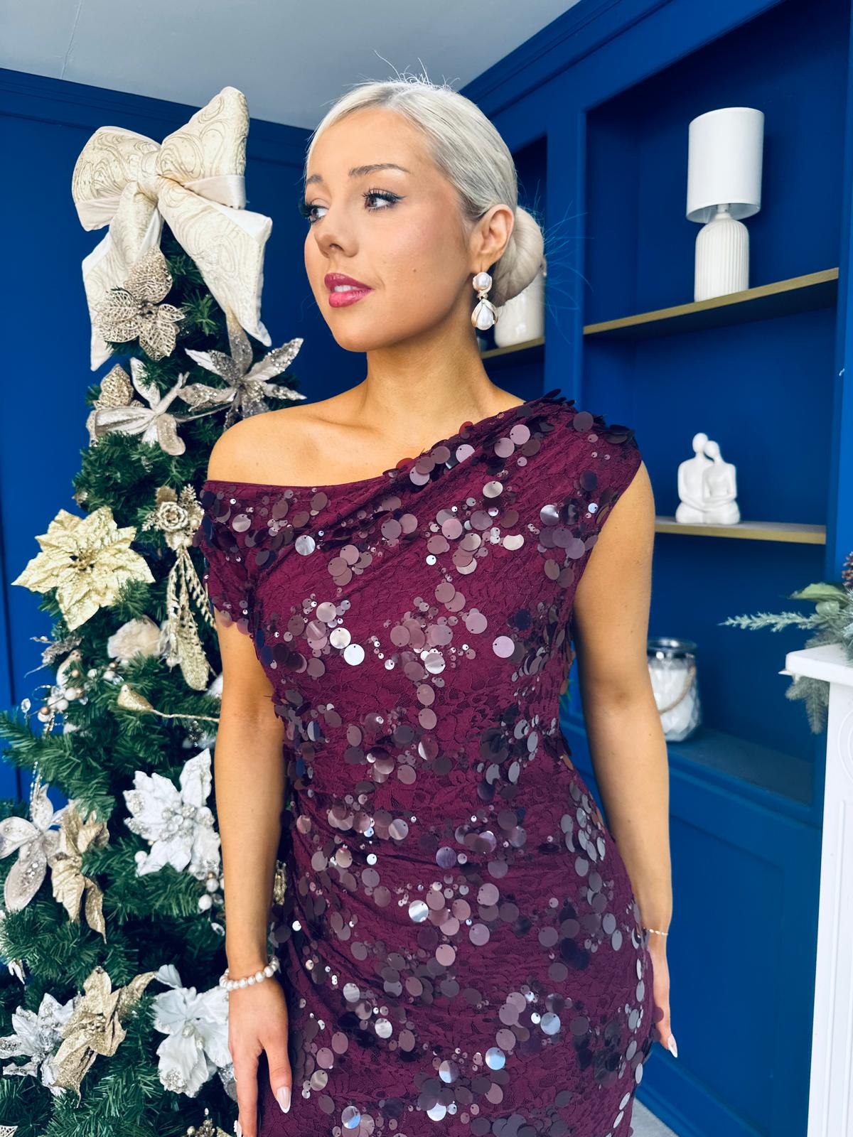 Elsie Off Shoulder Sequin Midi Dress Wine