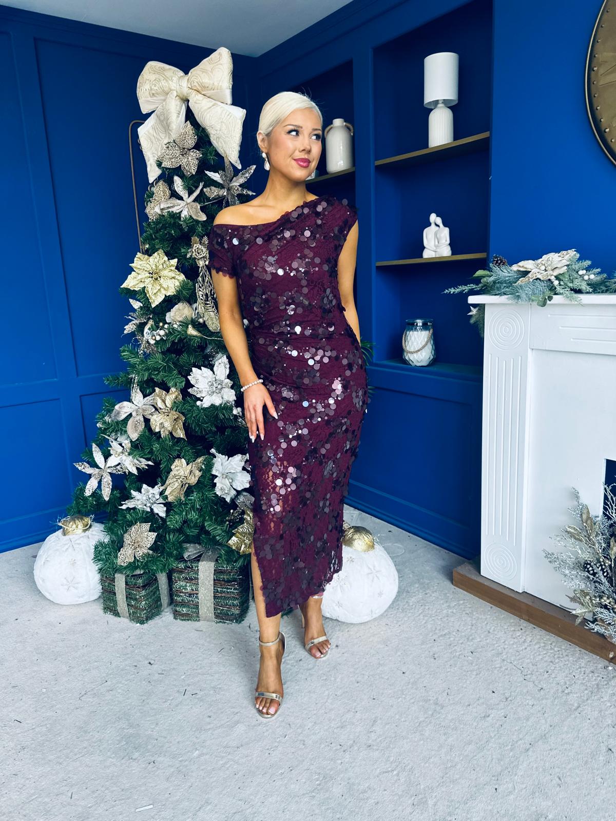 Elsie Off Shoulder Sequin Midi Dress Wine