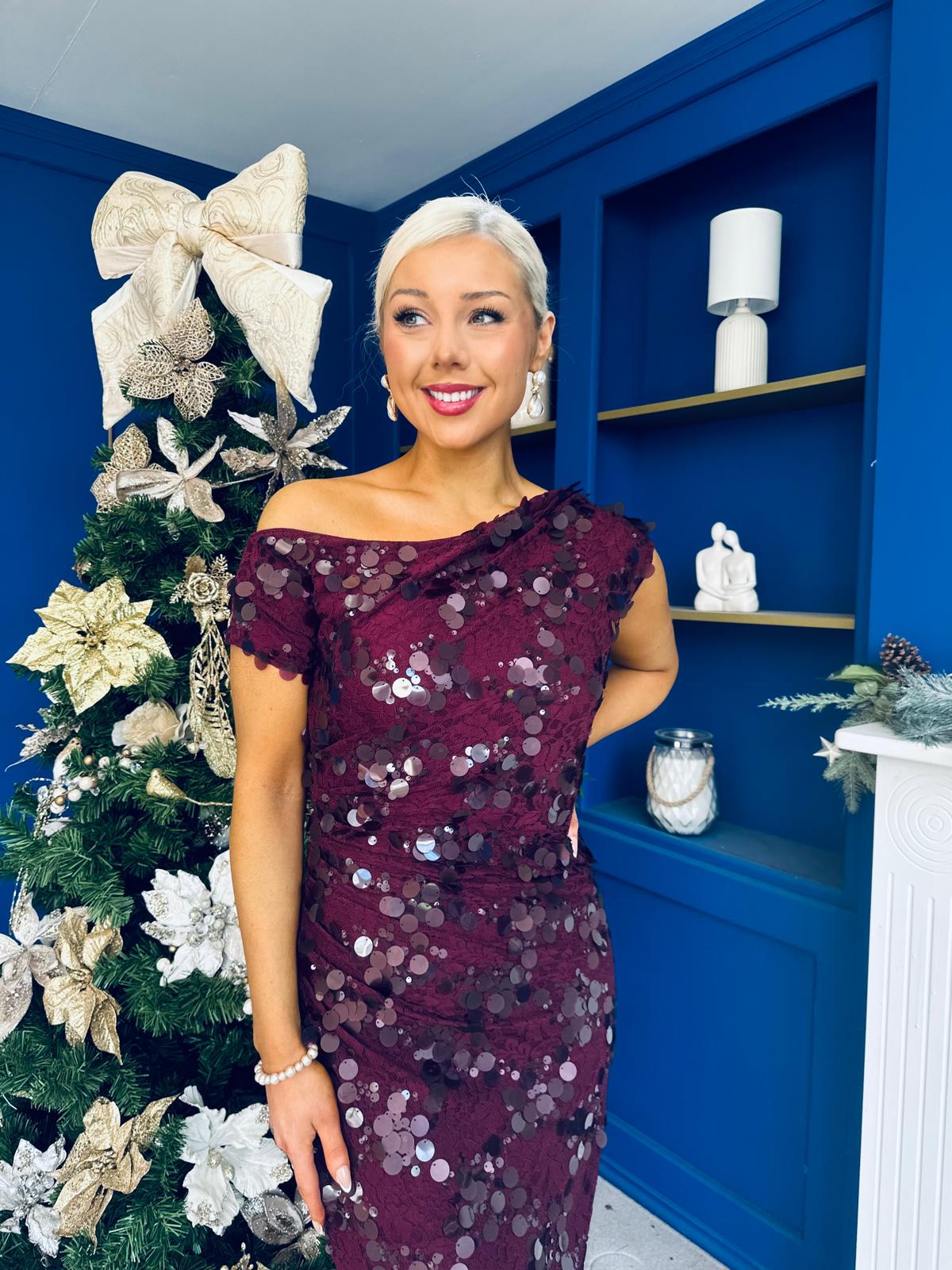 Elsie Off Shoulder Sequin Midi Dress Wine