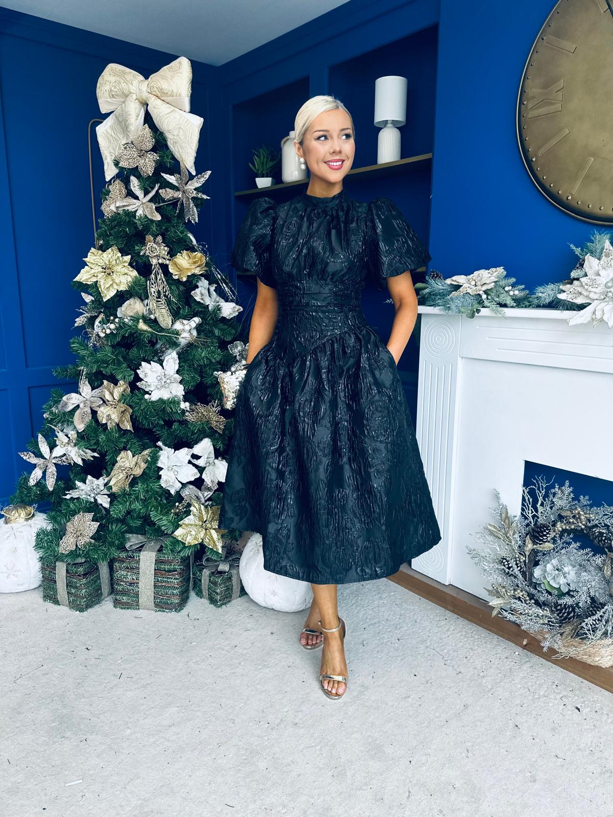 Sadhbh Puff Sleeve Jacquard Occasion Dress Black