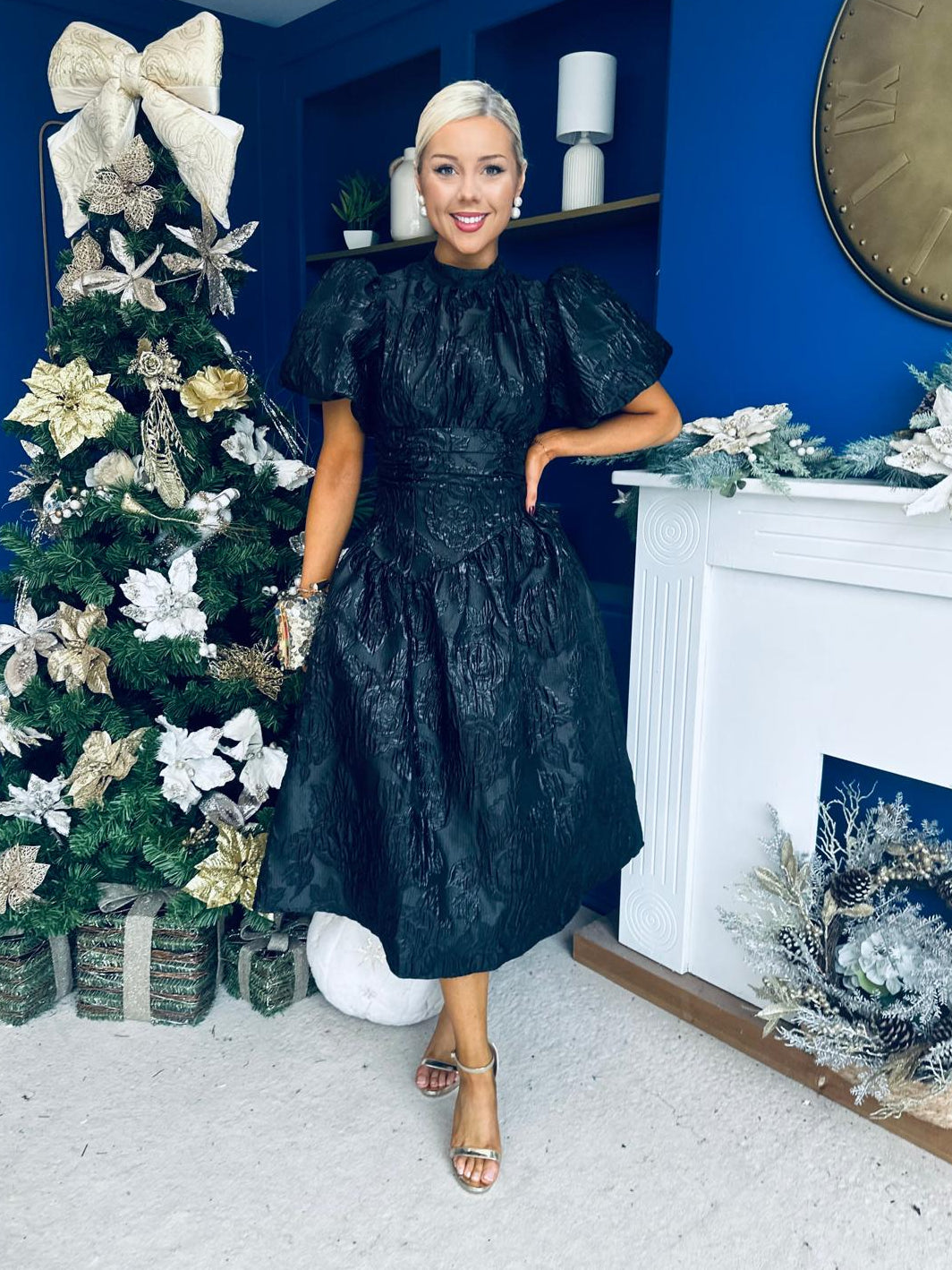 Sadhbh Puff Sleeve Jacquard Occasion Dress Black