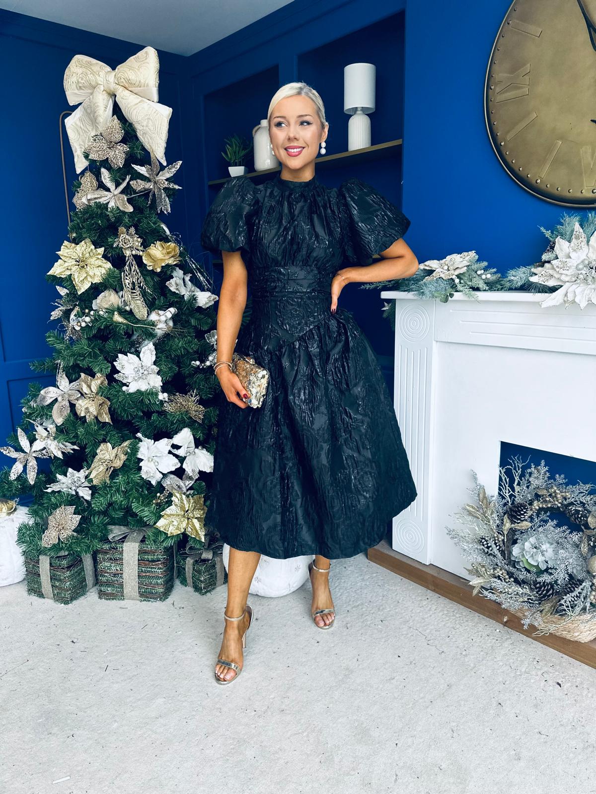 Sadhbh Puff Sleeve Jacquard Occasion Dress Black