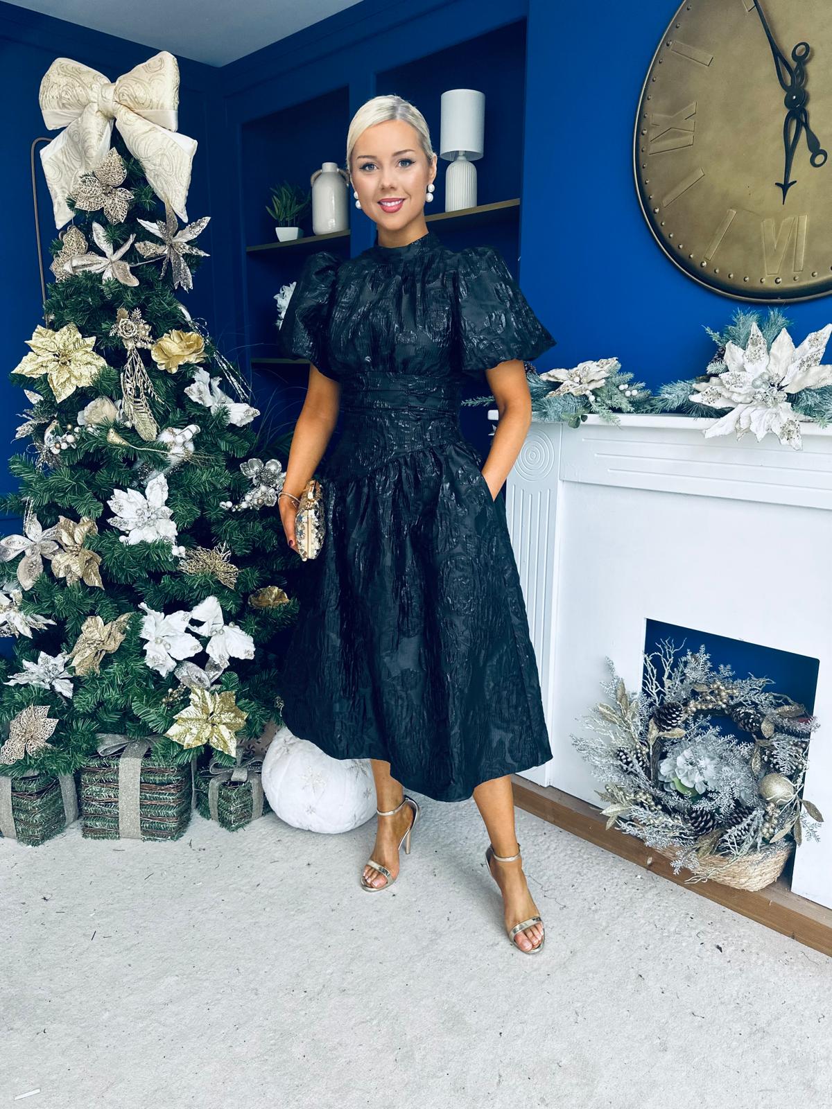 Sadhbh Puff Sleeve Jacquard Occasion Dress Black