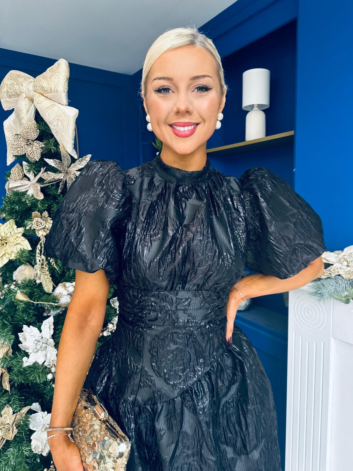Sadhbh Puff Sleeve Jacquard Occasion Dress Black