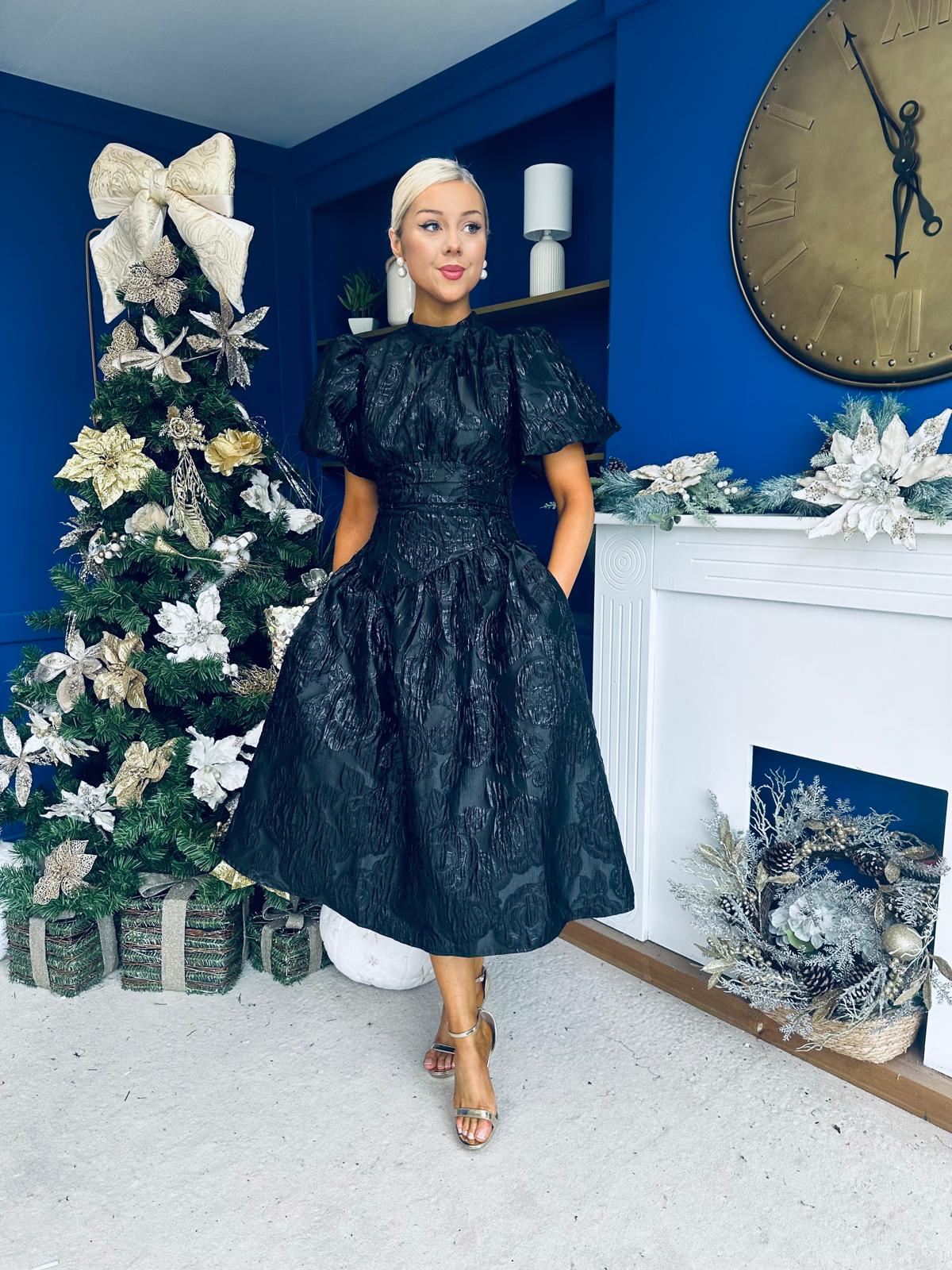 Sadhbh Puff Sleeve Jacquard Occasion Dress Black