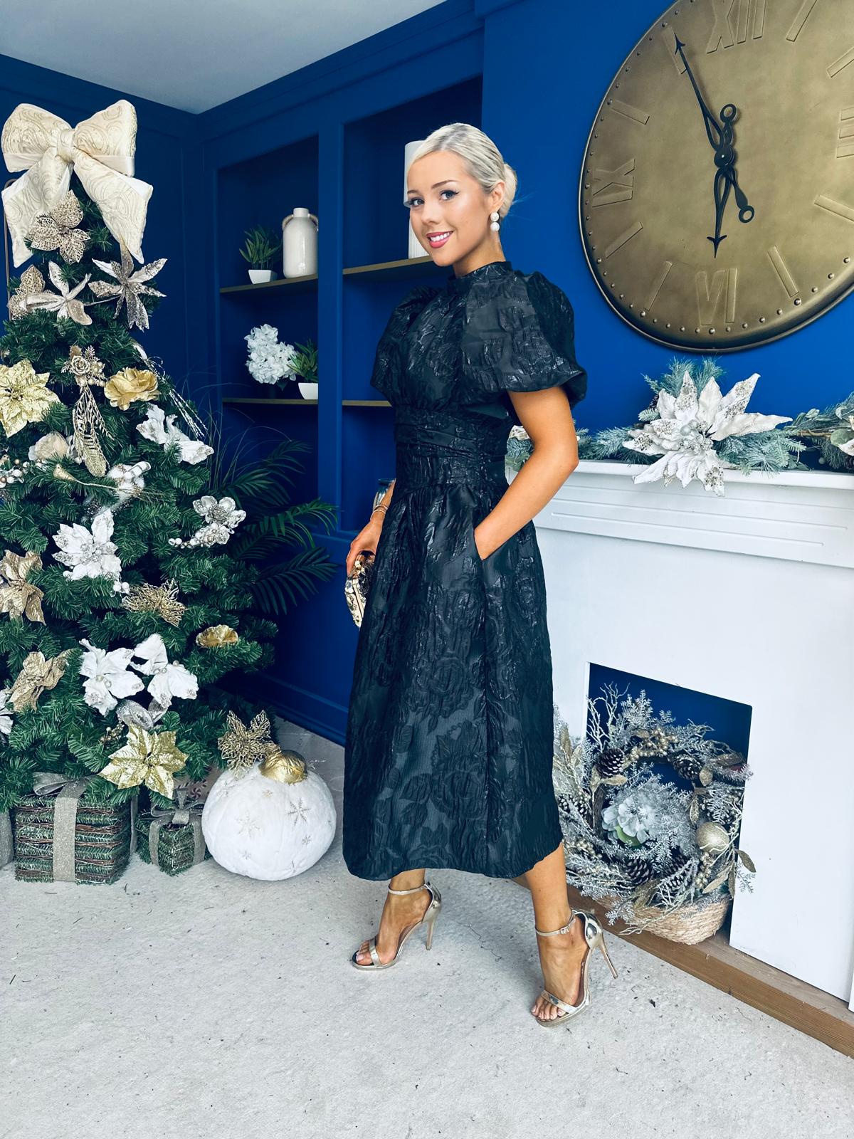 Sadhbh Puff Sleeve Jacquard Occasion Dress Black