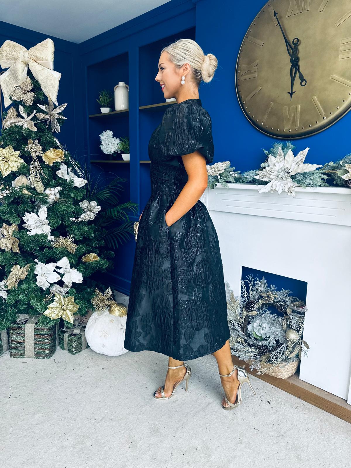 Sadhbh Puff Sleeve Jacquard Occasion Dress Black