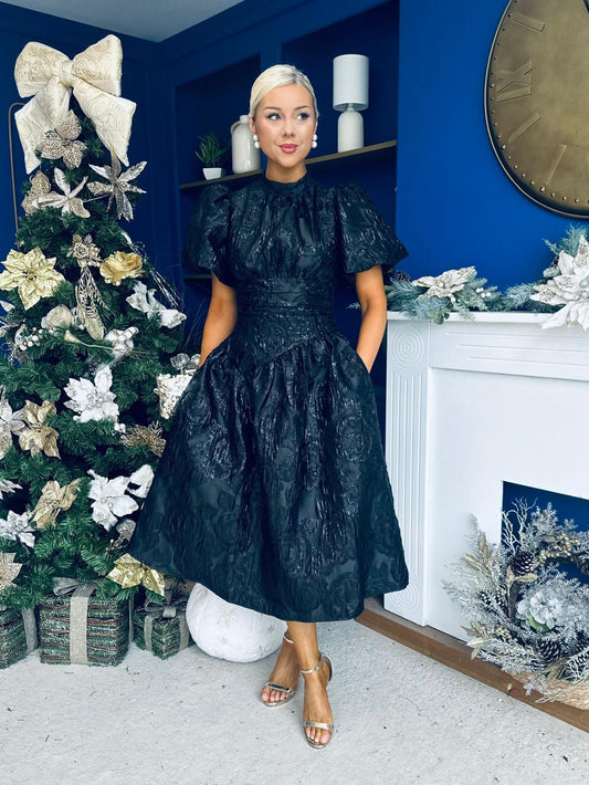 Sadhbh Puff Sleeve Jacquard Occasion Dress Black