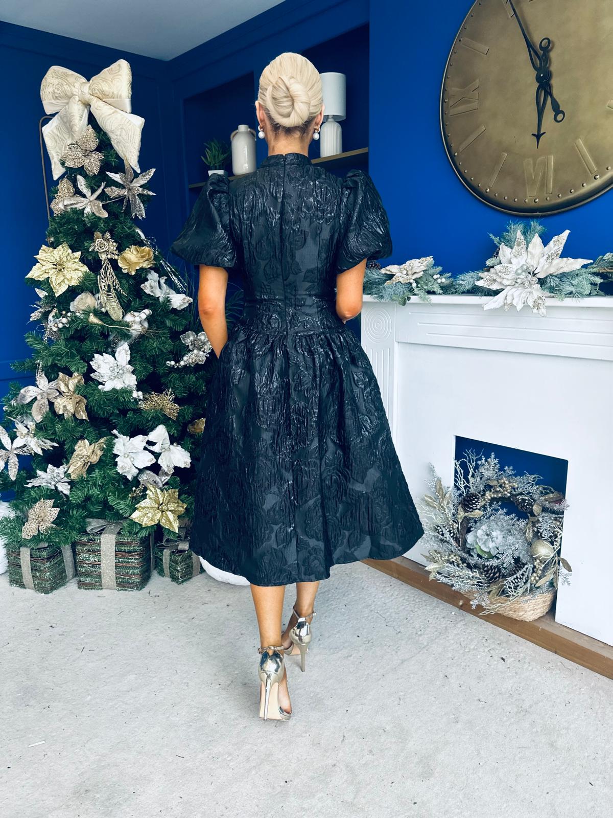 Sadhbh Puff Sleeve Jacquard Occasion Dress Black