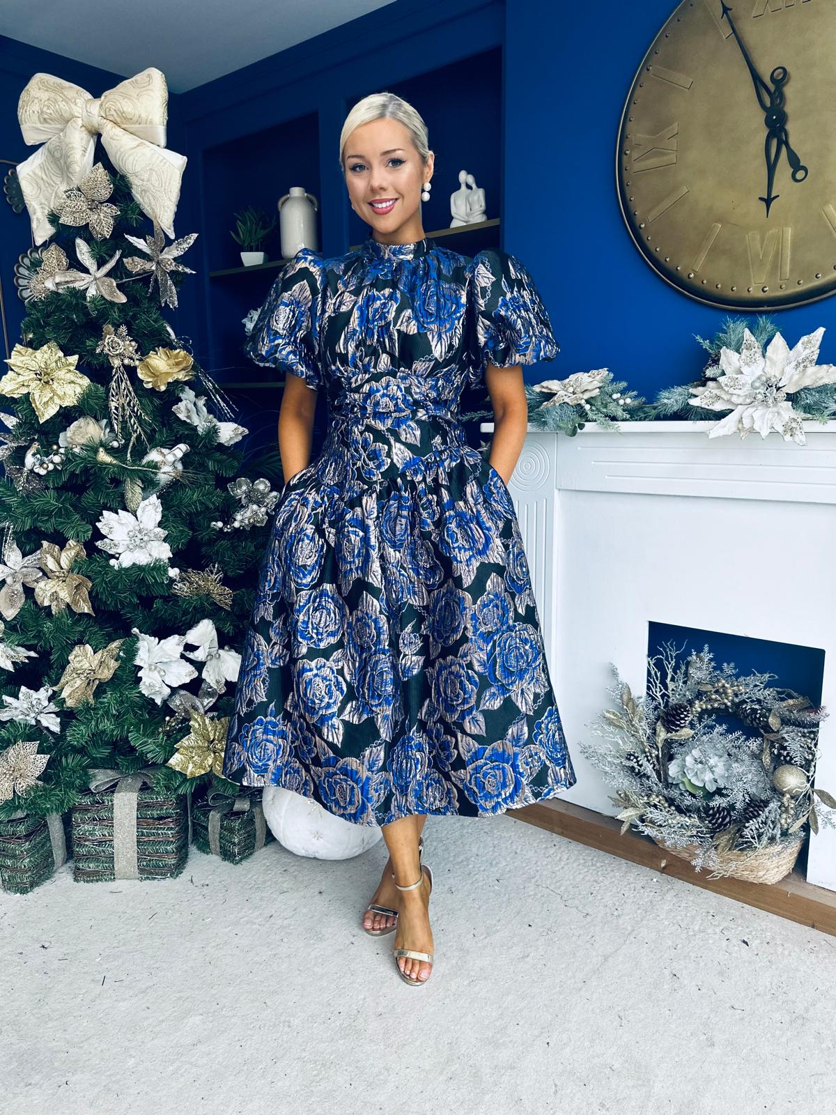 Sadhbh Puff Sleeve Jacquard Occasion Dress Cobalt