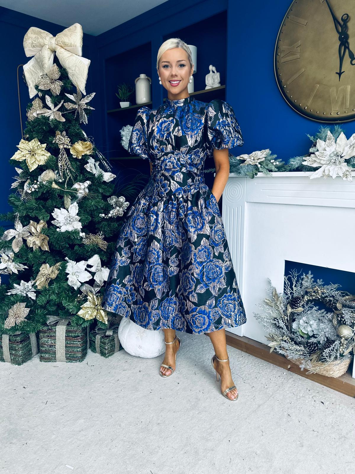 Sadhbh Puff Sleeve Jacquard Occasion Dress Cobalt