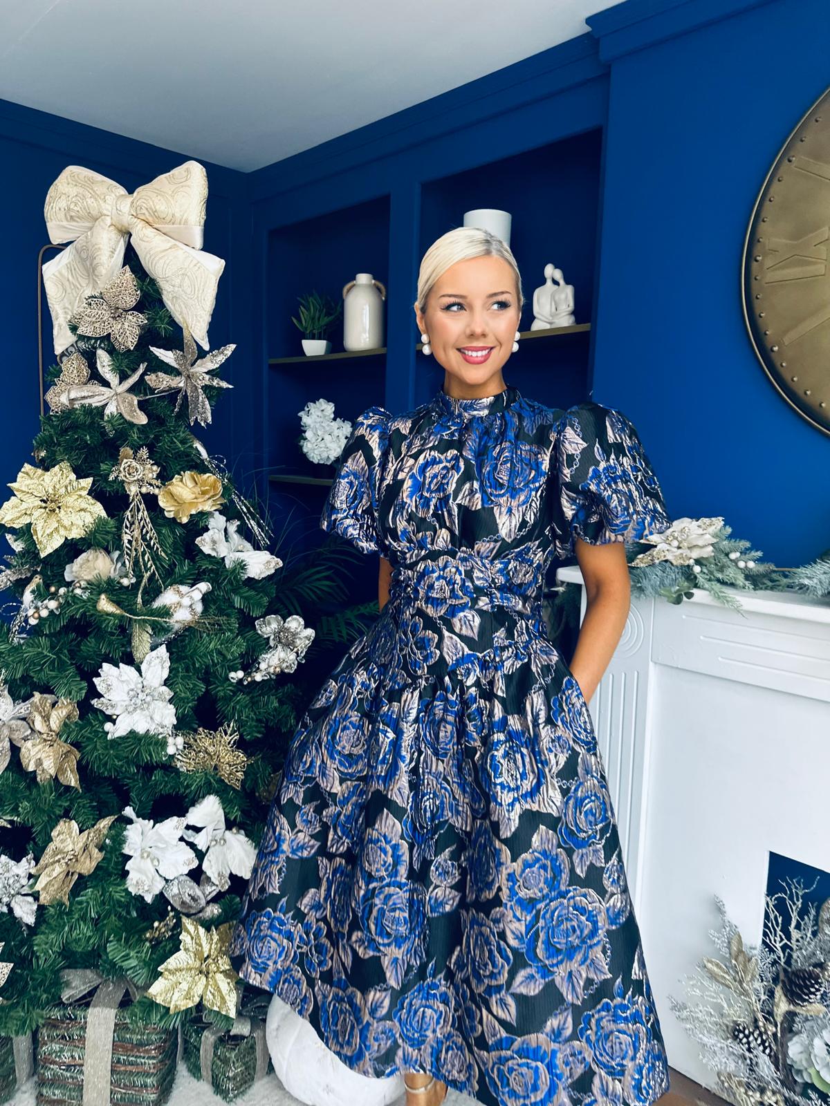 Sadhbh Puff Sleeve Jacquard Occasion Dress Cobalt