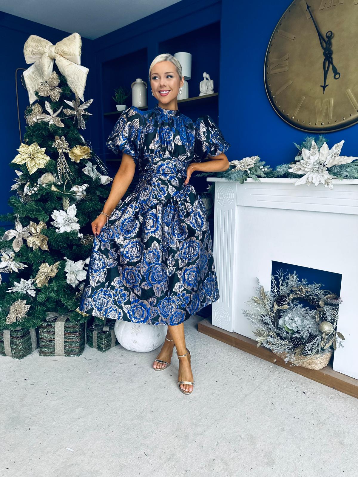 Sadhbh Puff Sleeve Jacquard Occasion Dress Cobalt