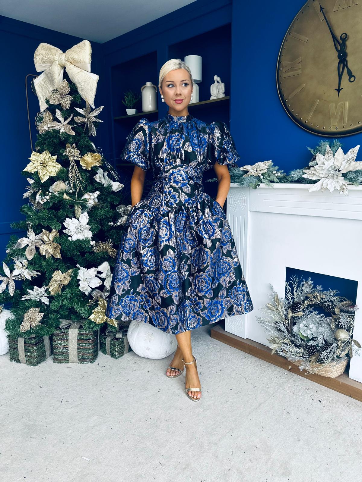 Sadhbh Puff Sleeve Jacquard Occasion Dress Cobalt